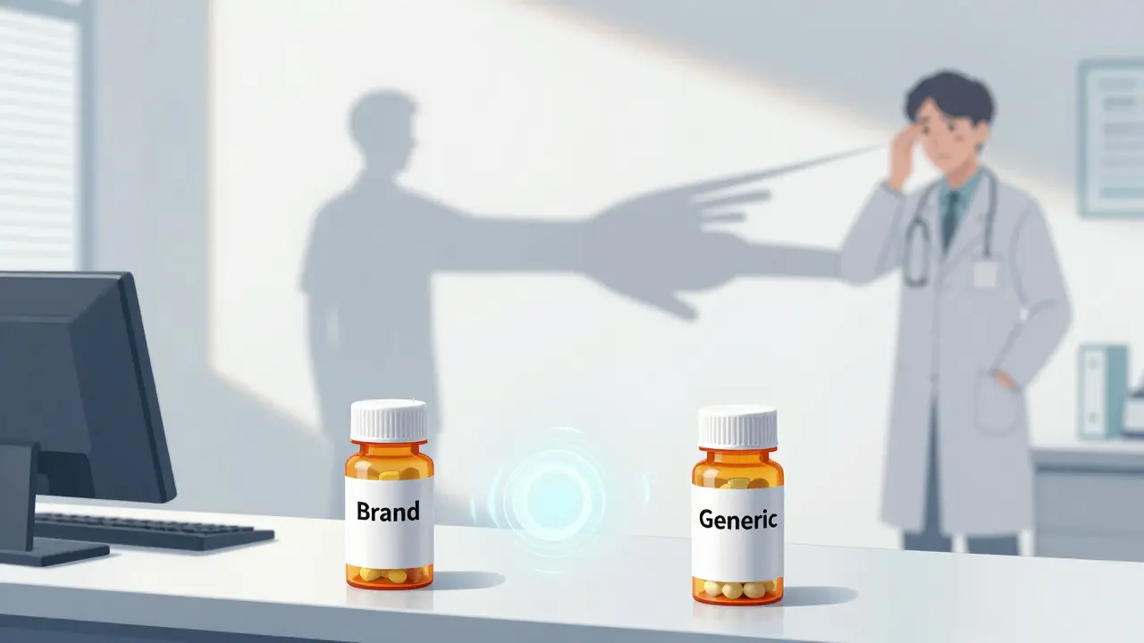 Two identical pill bottles on a counter emit a visible instability ripple, while a patient's shadow splits into two versions.
