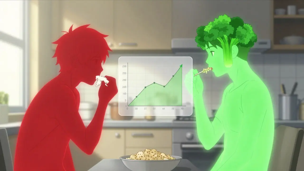 Two silhouettes showing contrasting blood sugar responses to low-GI versus high-GI foods.