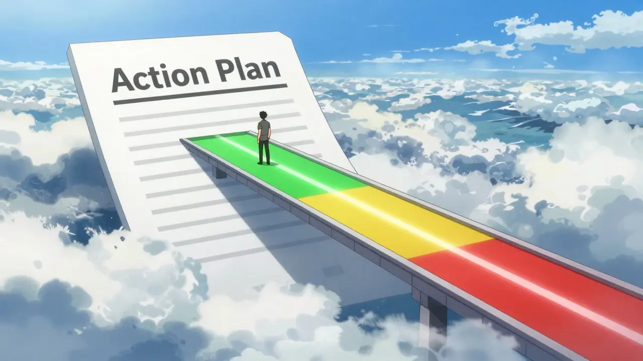 A character standing on a color-coded asthma action plan bridge in anime style.