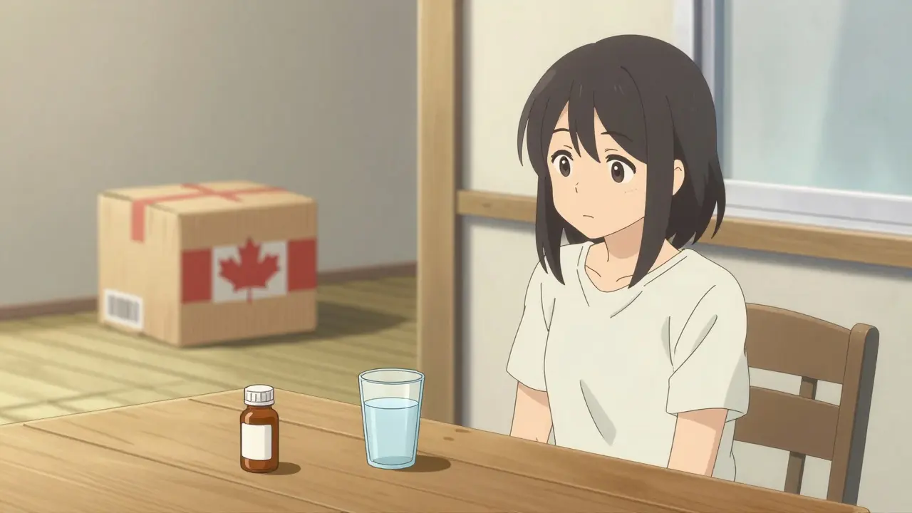 A relieved patient with generic medication and a delivery package in a cozy home setting.