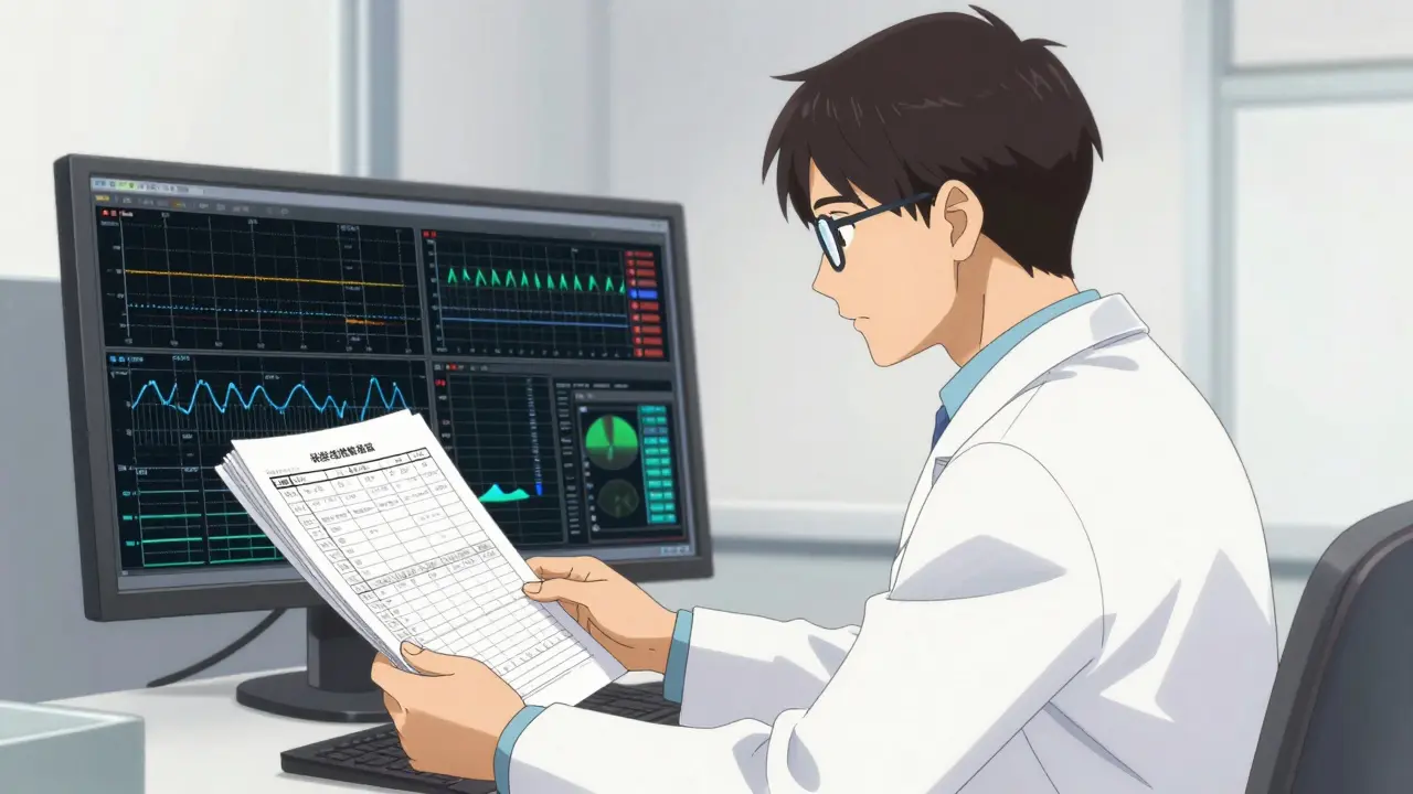 A sleep doctor analyzing complex sleep study data reports in a clinical setting in anime style.