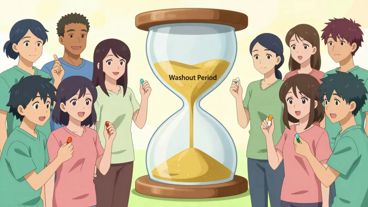 Anime illustration of study volunteers and a large hourglass representing a washout period.