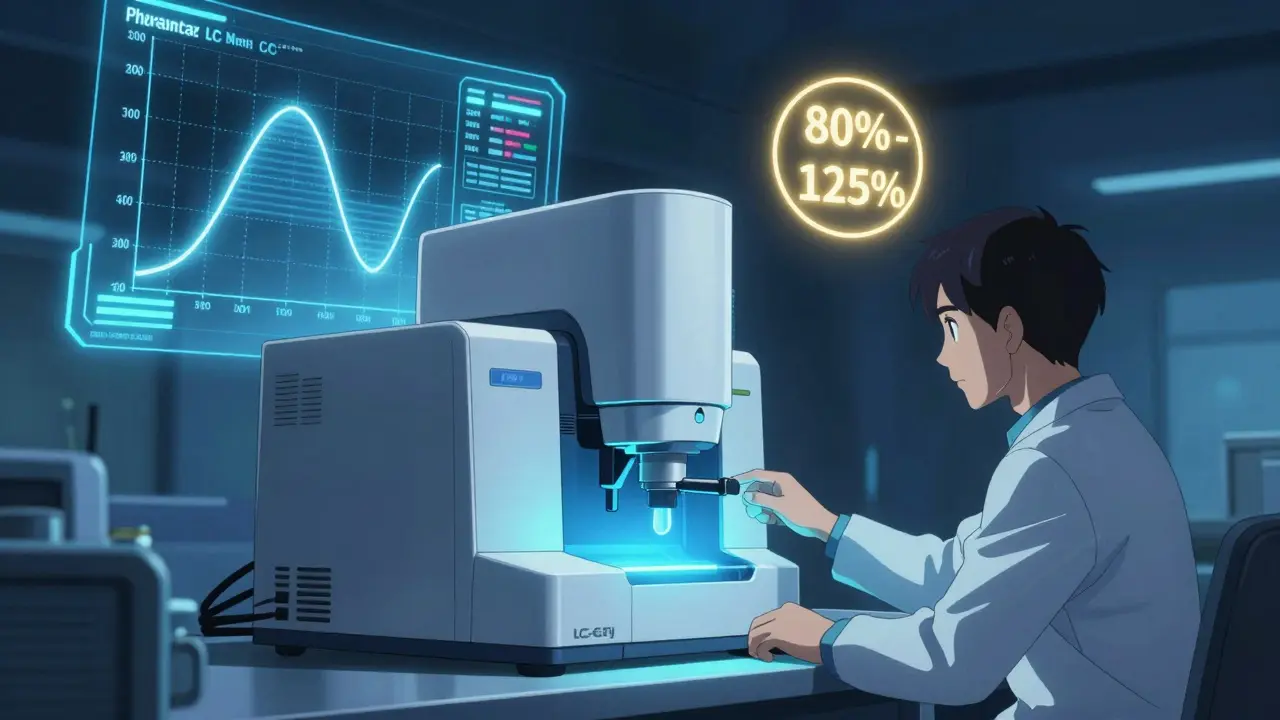Anime style bioanalysis lab with an LC-MS/MS machine and a holographic pharmacokinetic graph.