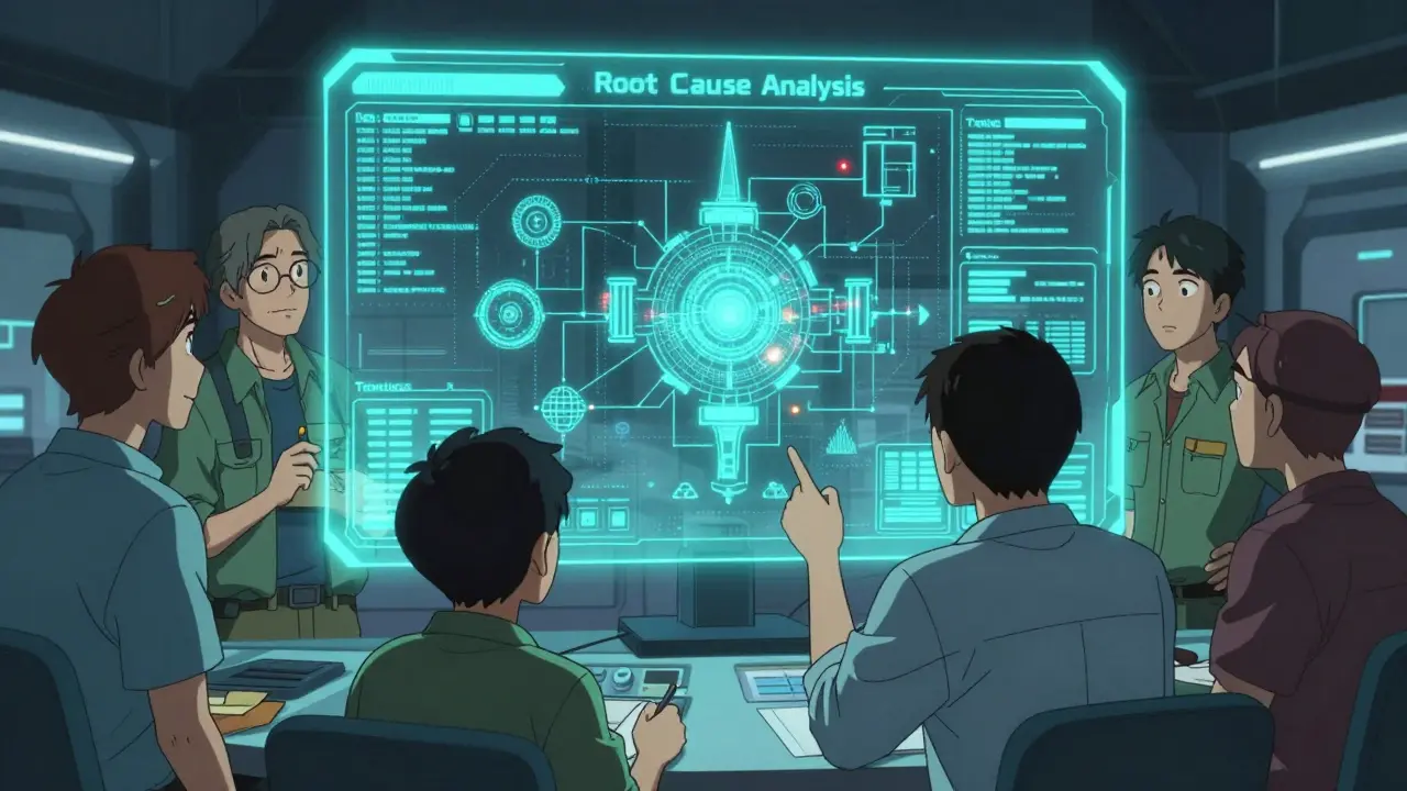 Anime team of engineers analyzing root causes using a futuristic holographic display.