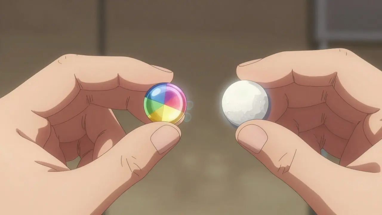 Close up of glossy versus chalky medicine tablets