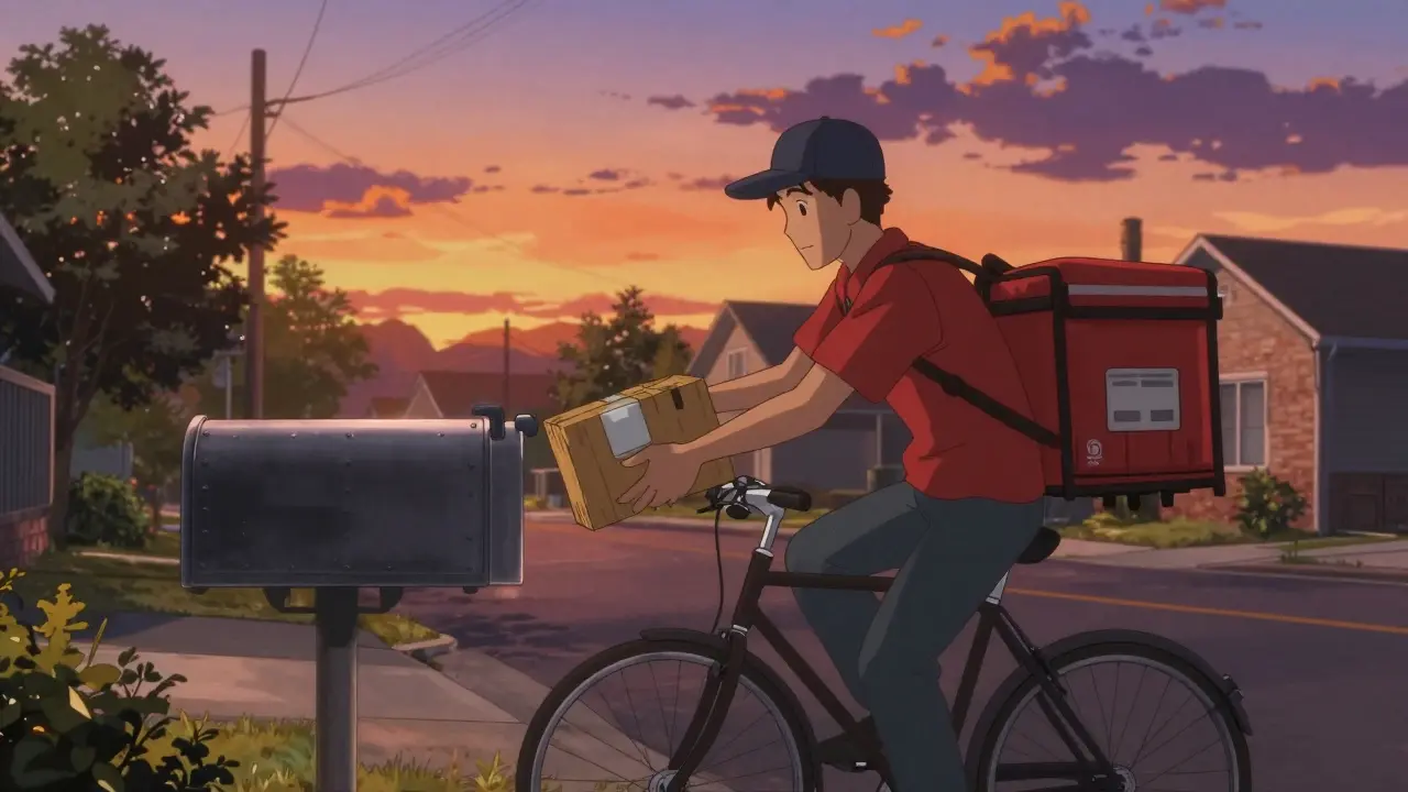 Delivery courier placing a pharmacy package into a suburban mailbox at sunset