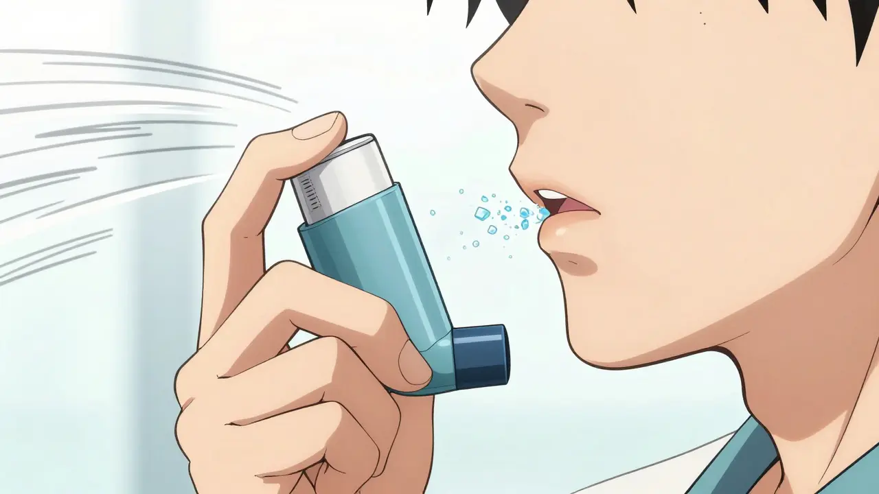 Detailed anime close-up of a person using an inhaler with visible airflow.