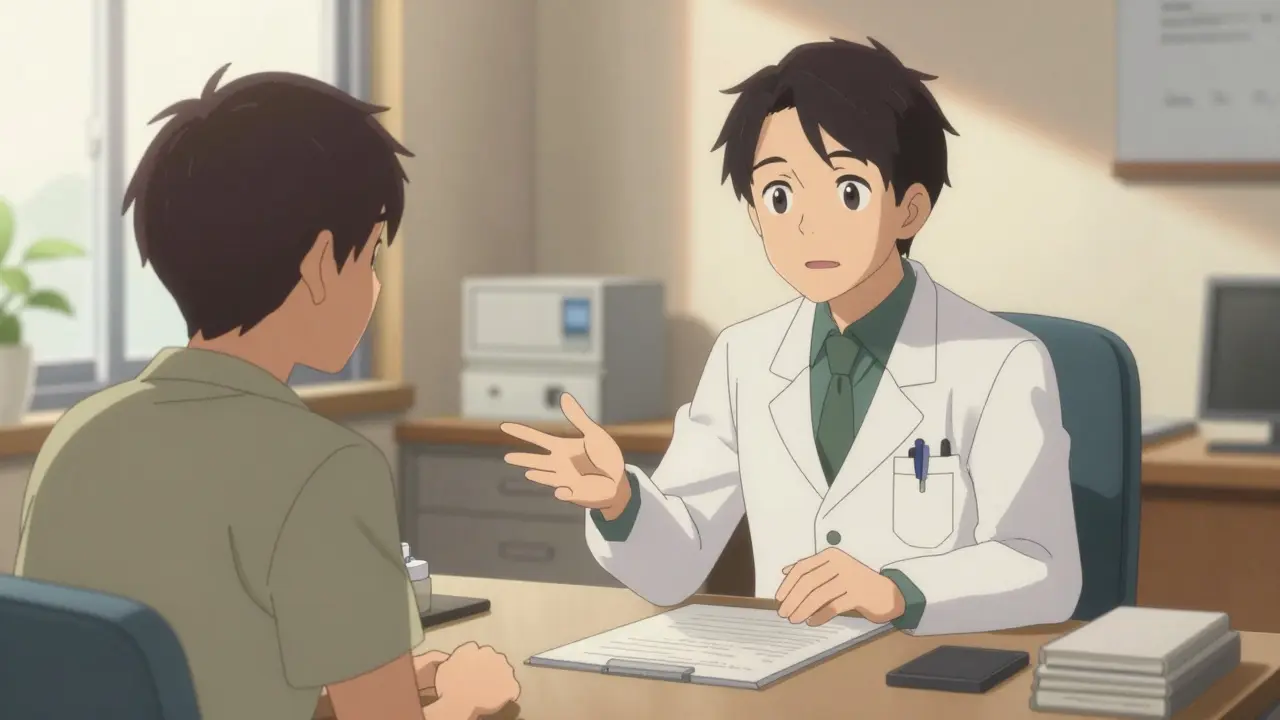 Doctor talking reassuringly to seated patient