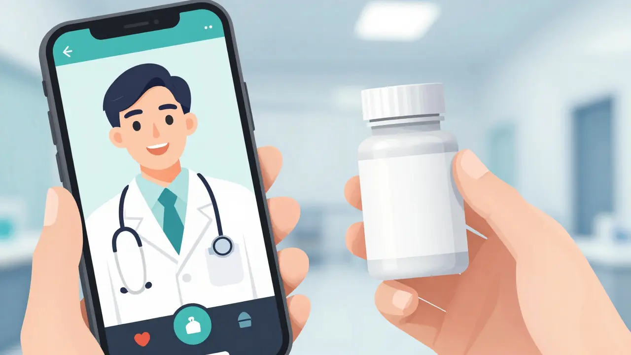 Split screen showing a telehealth doctor call and a generic medication bottle