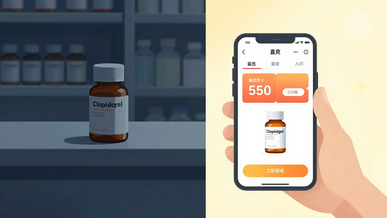 Split screen showing expensive brand medication versus affordable generic options via an app.
