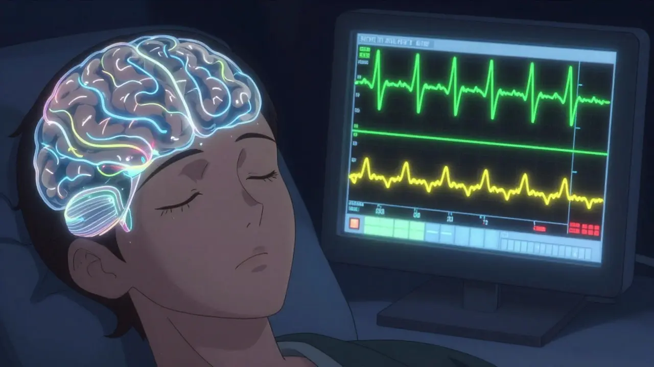 Split view of a sleeping person's eyes and glowing medical brain wave monitors in anime style.